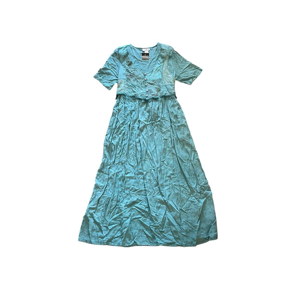 1990s Vintage Victoria Moon Mixed Media Blue Floral Romantic Maxi Dress Medium